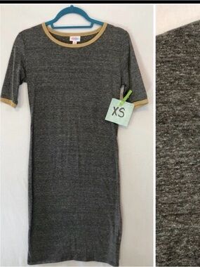 LuLaRoe Julia Heather Gray Mustard Yellow Ringer Sheath Dress XS NWT